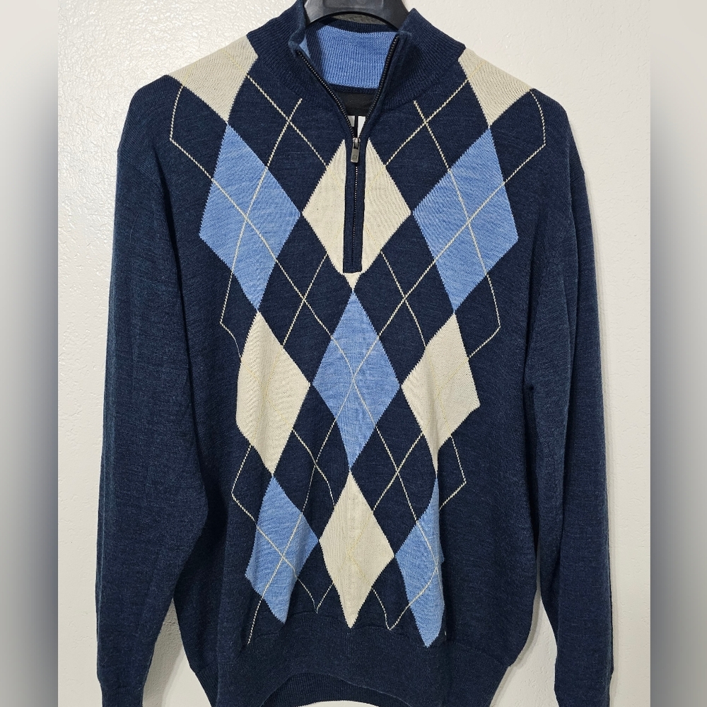 FootJoy FJ 100% Wool Argyle Quarter Zip Sweater Large Navy Blue Golf Pullover